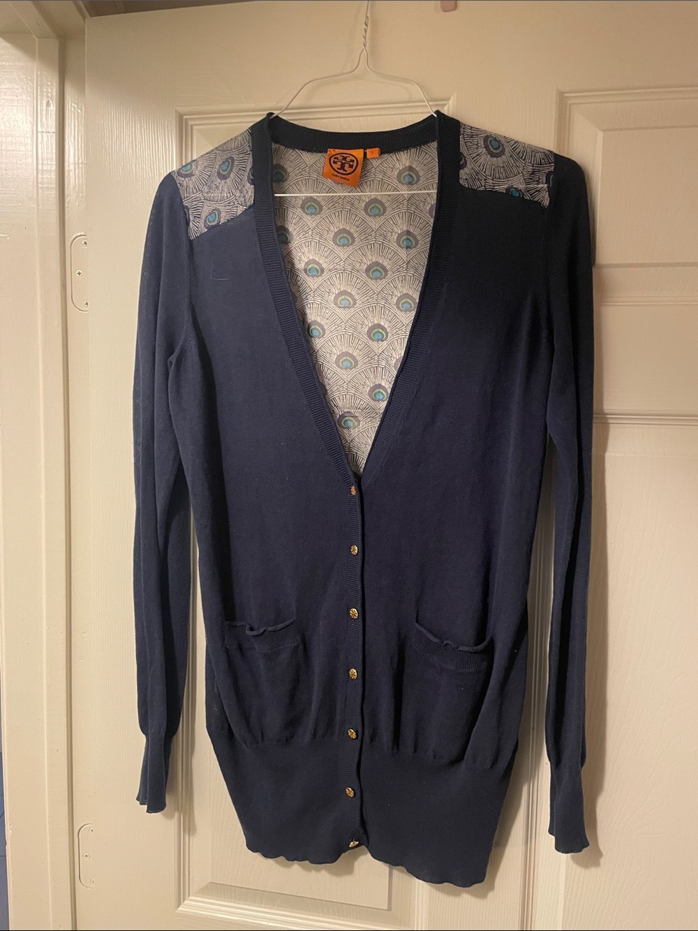 Tory Burch Navy Cardigan with Printed Peaock-Inspired Lining